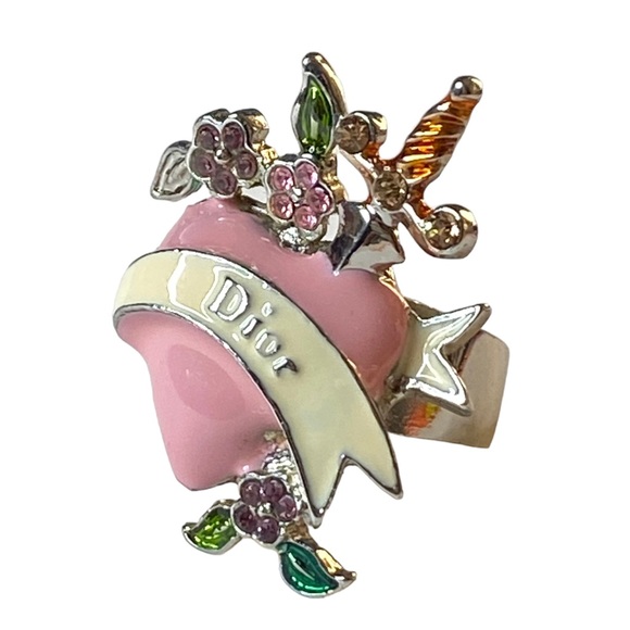 Dior Jewelry - AUTH VTG Christian Dior Logo Pink Enamel Dagger Heart Crystal Flower Silver Ring
